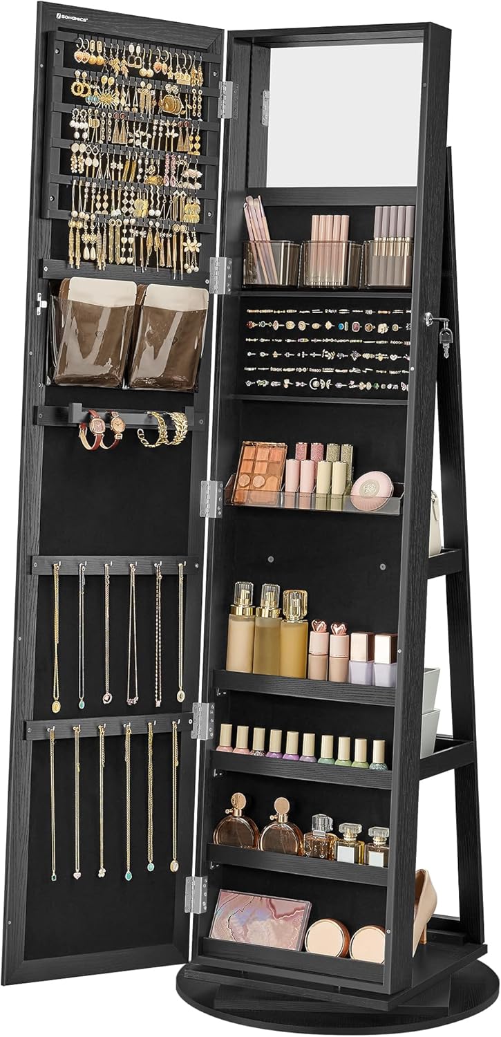 SONGMICS 360° Swivel Jewelry Cabinet, Lockable Jewelry Organizer with Full-Length Mirror, Rear Storage Shelves, Interior Mirror, Jewelry Armoire, Gift Idea, Rustic Brown UJJC006X01