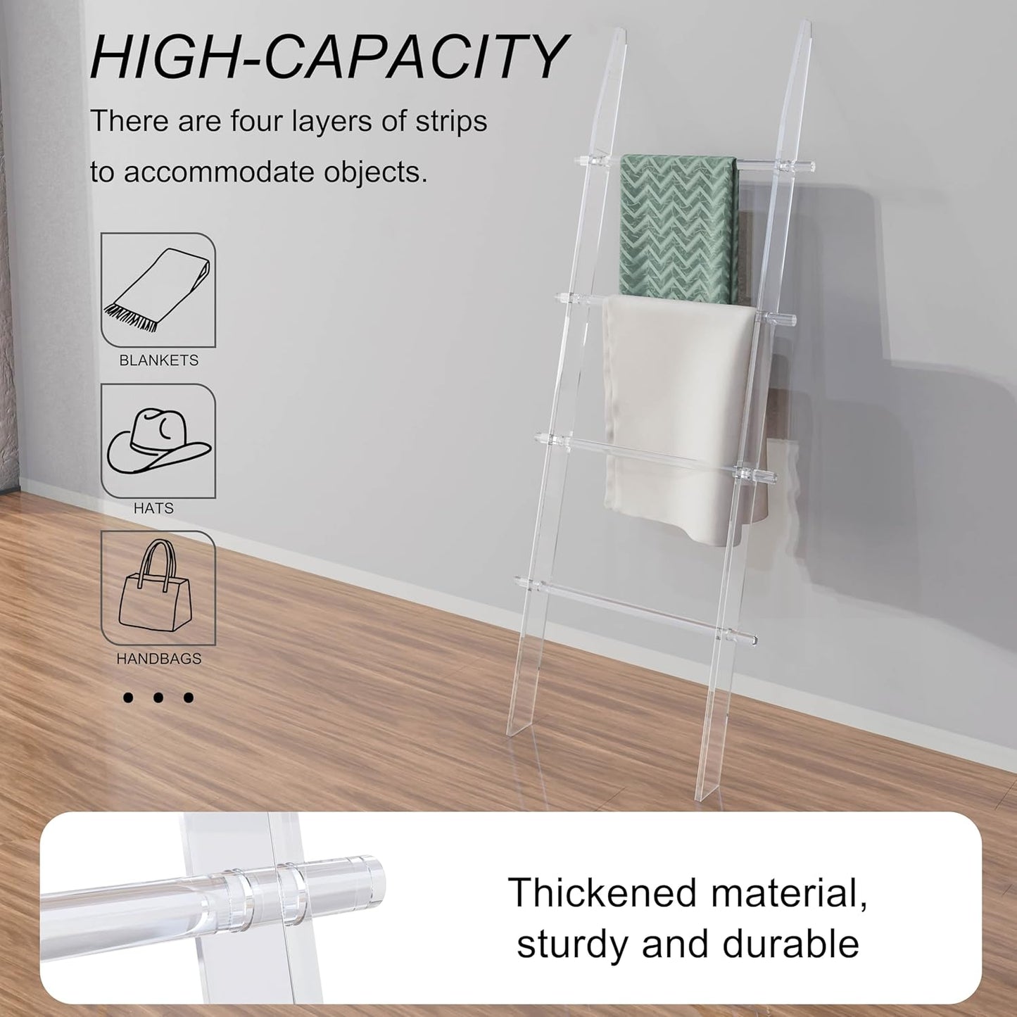 Blanket Ladder for Living Room and Bedroom, 4 Tier Transparent Anti Slip Wall Leaning Towel Rack, Waterproof Blanket Towel Rack, Quilt Shelf, Easy Assembly
