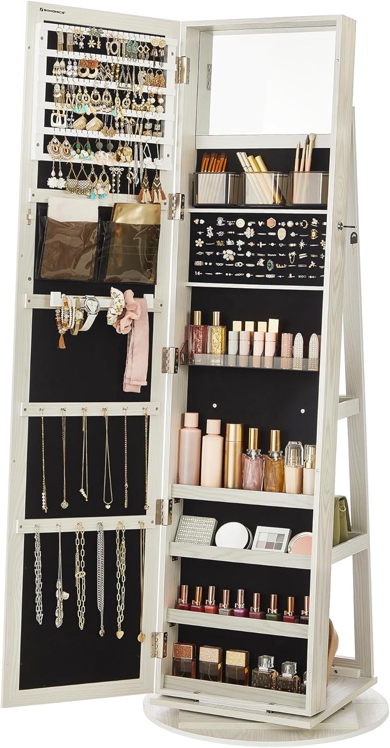 SONGMICS 360° Swivel Jewelry Cabinet, Lockable Jewelry Organizer with Full-Length Mirror, Rear Storage Shelves, Interior Mirror, Jewelry Armoire, Gift Idea, Rustic Brown UJJC006X01