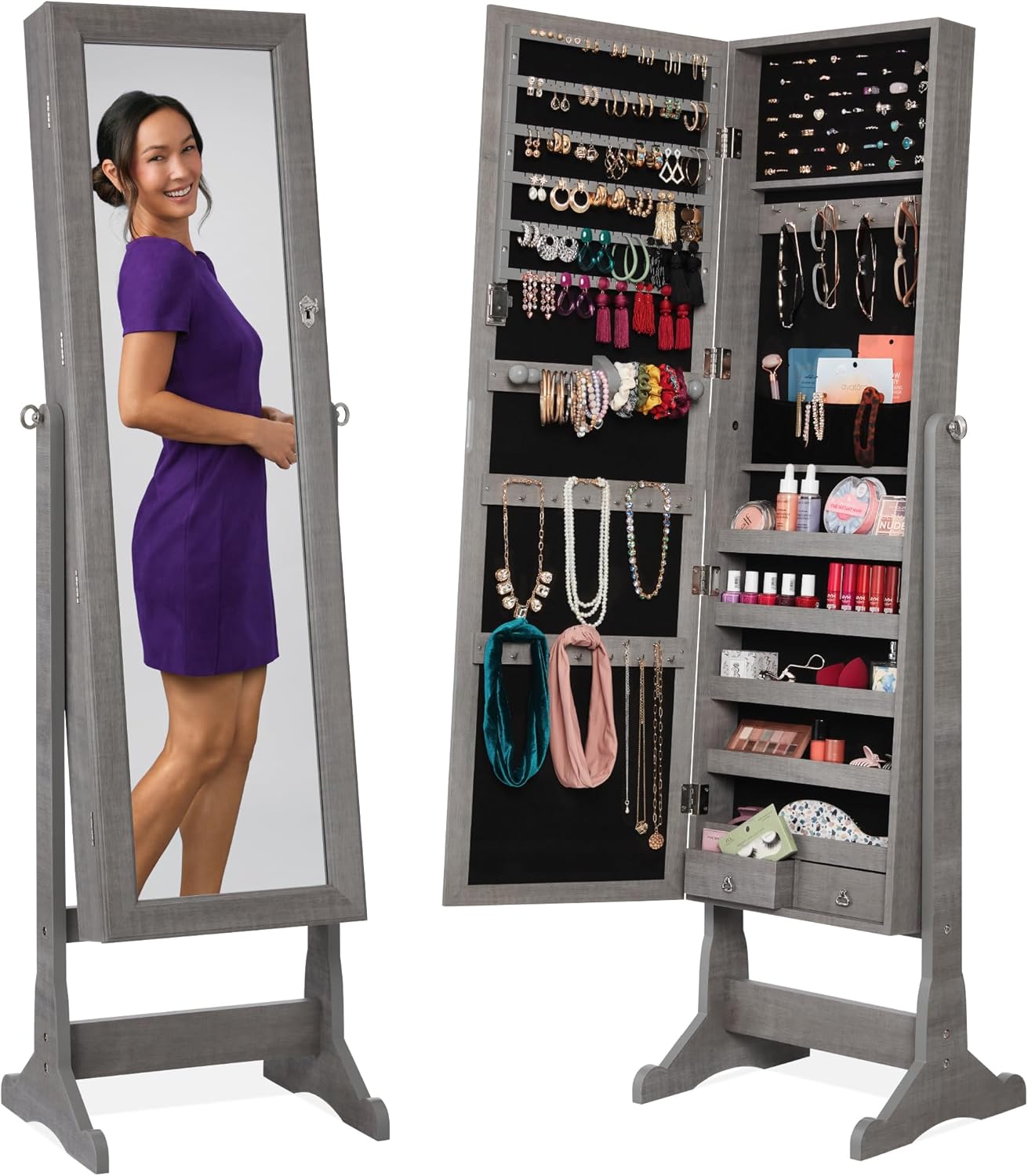 Best Choice Products Freestanding Jewelry Armoire Cabinet, Full Length Standing Mirror, Lockable Makeup Storage Organizer, w/Velvet Lining, 3 Angles, Lock, Accessory Pouch, 5 Shelves - White