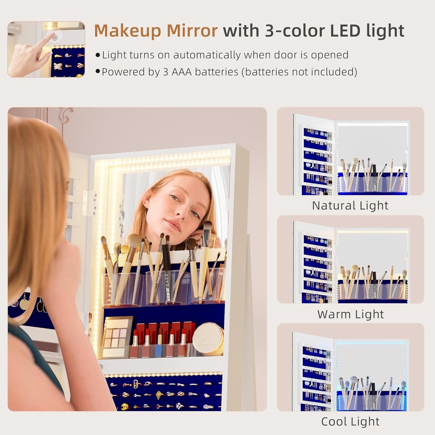 Full-Length Mirror Jewelry Cabinet with LED Lights, Lockable Jewelry Organizer with Mirror, 360° Swivel Wooden Jewelry Armoire, Standing Organizer for Women and Girls