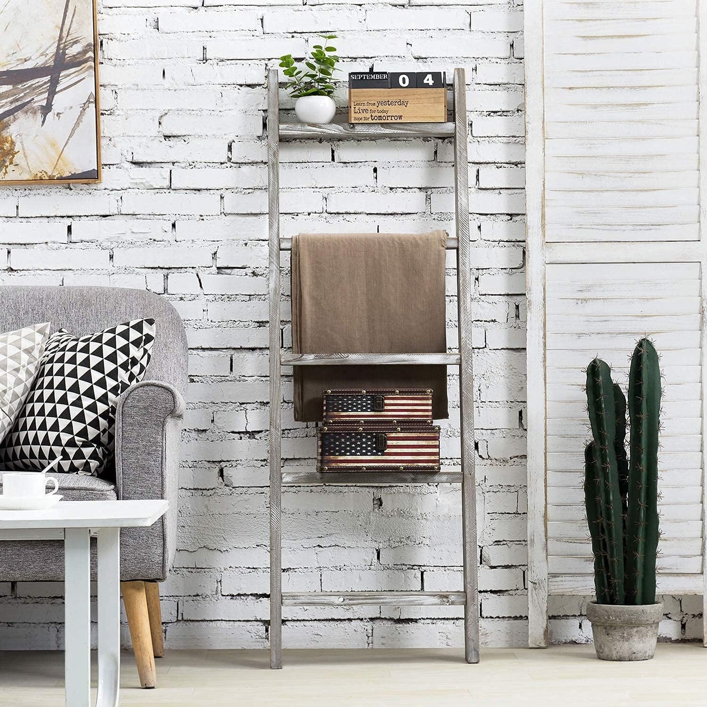 MyGift Wall-Leaning Rustic Gray with White Finish Wood Ladder-Style Blanket Rack Vintage Grey Wood & Industrial Metal Pipe Wall Mounted Ladder Rack, 46 Inch Towel Shelve