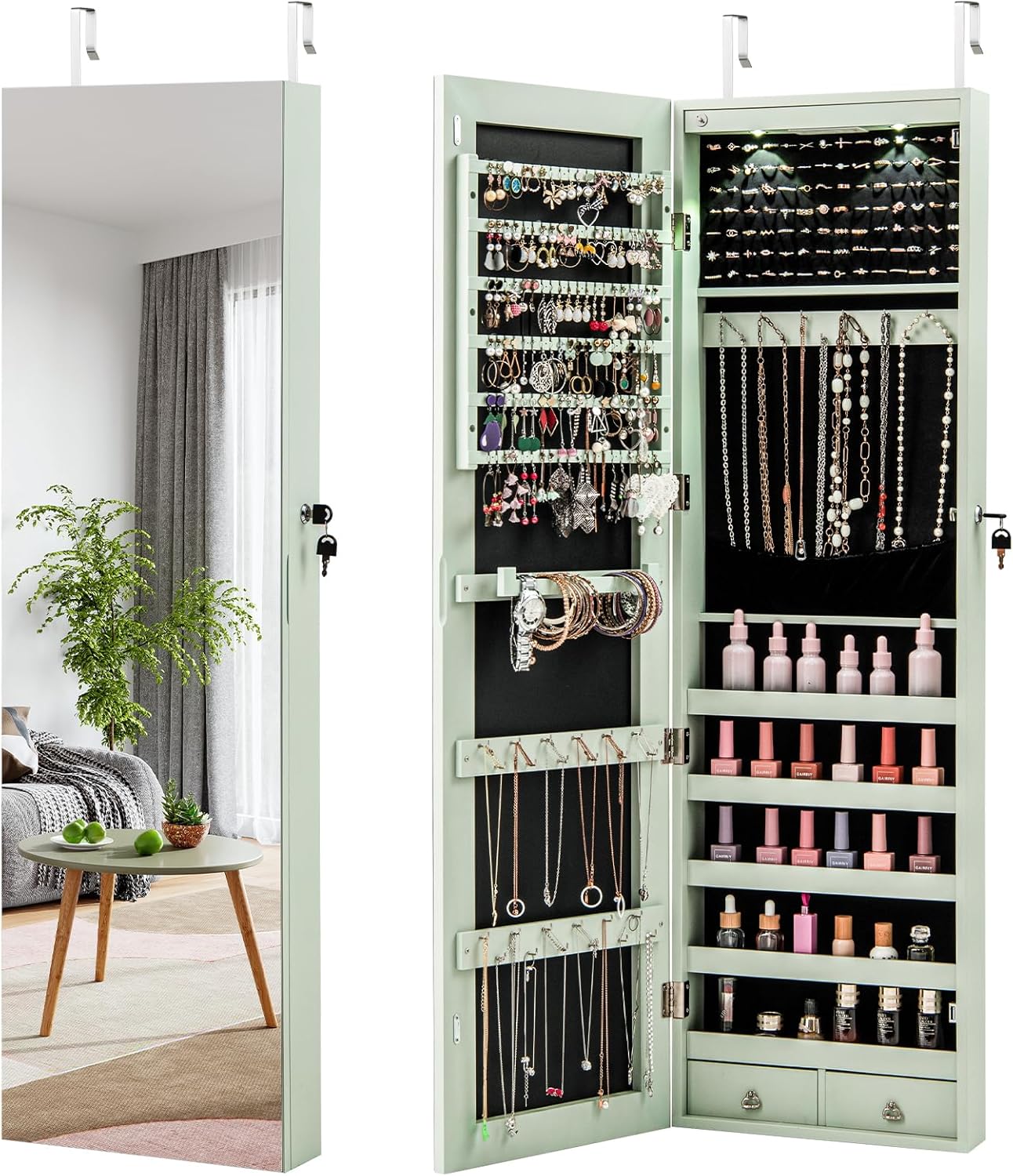 Giantex Wall Door Mounted Jewelry Armoire Cabinet with 47.5" H Full Length Mirror, 2 LEDs Lockable Jewelry Organizer Box with Bracelet Rod, 2 Drawers, Large Storage Capacity (Black)