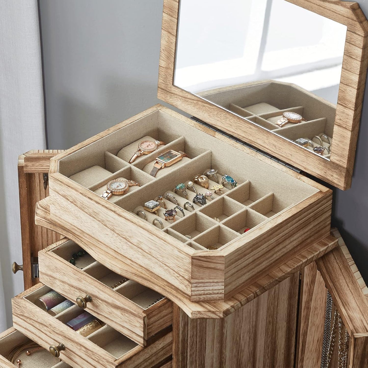 Standing Jewelry Armoire, 7 Drawers & 2 Side Doors Jewelry Amoire Cabinet Standing with Top Flip Makeup Mirror, Jewelry Chest Jewelry Boxes
