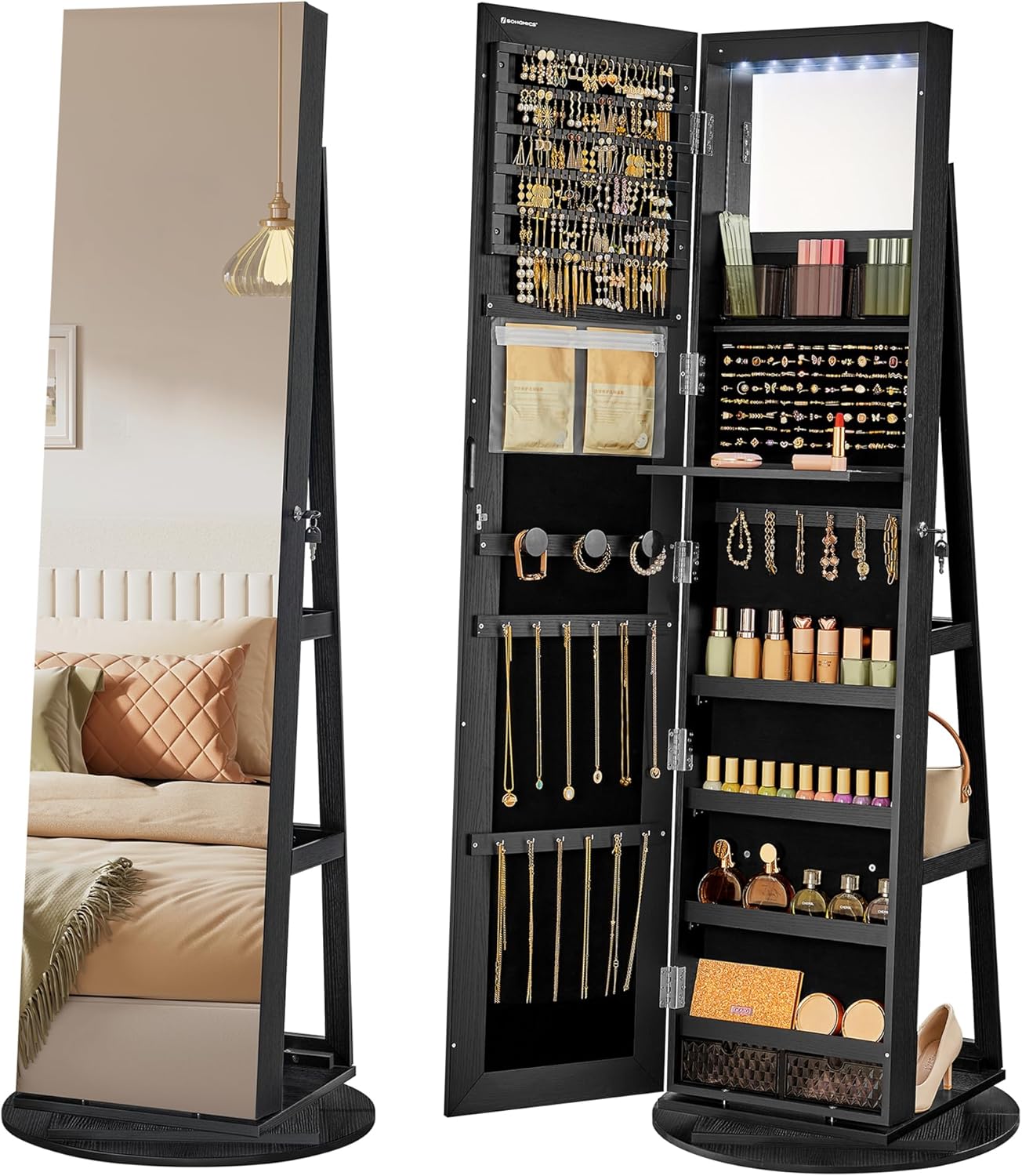 SONGMICS 6 LEDs Lockable Mirror Jewelry Cabinet, 360° Swivel Jewelry Organizer Armoire Standing, Frameless Full-Length Mirror, 3 Storage Shelves, Black Surface, Black Lining UJJC007B01