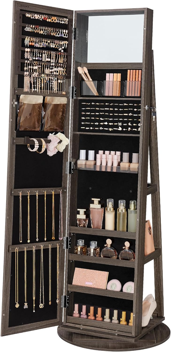 SONGMICS 360° Swivel Jewelry Cabinet, Lockable Jewelry Organizer with Full-Length Mirror, Rear Storage Shelves, Interior Mirror, Jewelry Armoire, Gift Idea, Rustic Brown UJJC006X01