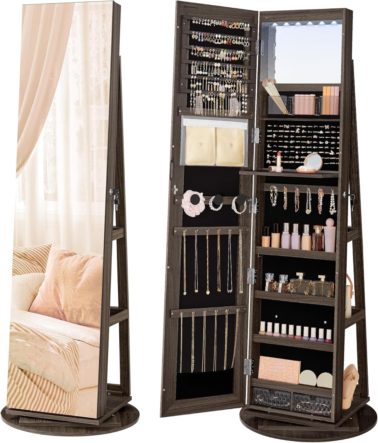SONGMICS 6 LEDs Lockable Mirror Jewelry Cabinet, 360° Swivel Jewelry Organizer Armoire Standing, Frameless Full-Length Mirror, 3 Storage Shelves, Black Surface, Black Lining UJJC007B01