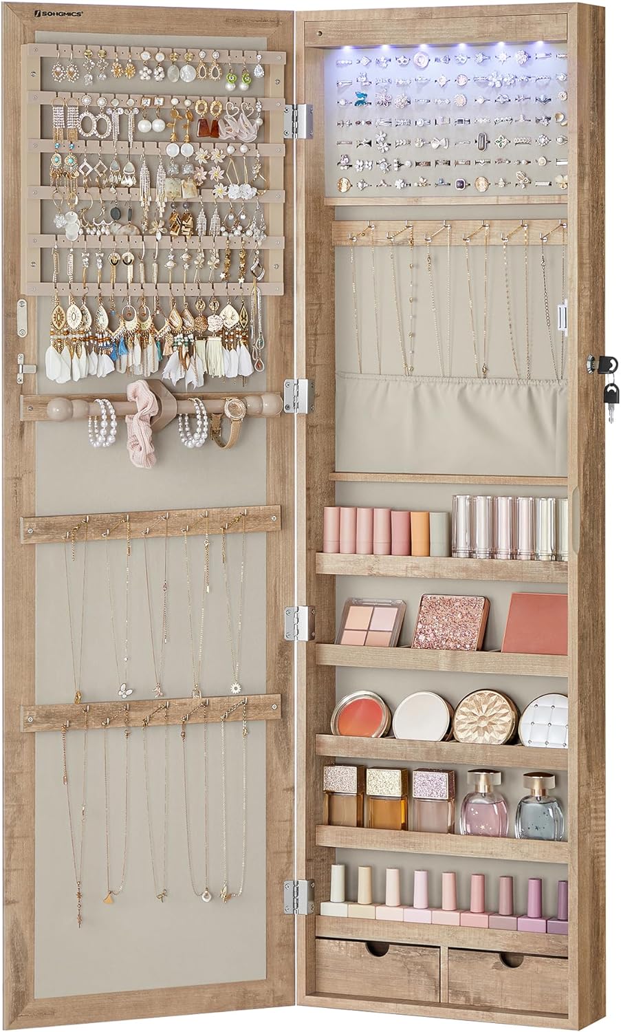 SONGMICS 6 LEDs Mirror Jewelry Cabinet, 47.2-Inch Tall Lockable Wall or Door Mounted Jewelry Armoire Organizer with Mirror, 2 Drawers, 3.9 x 14.6 x 47.2 Inches, White UJJC93W
