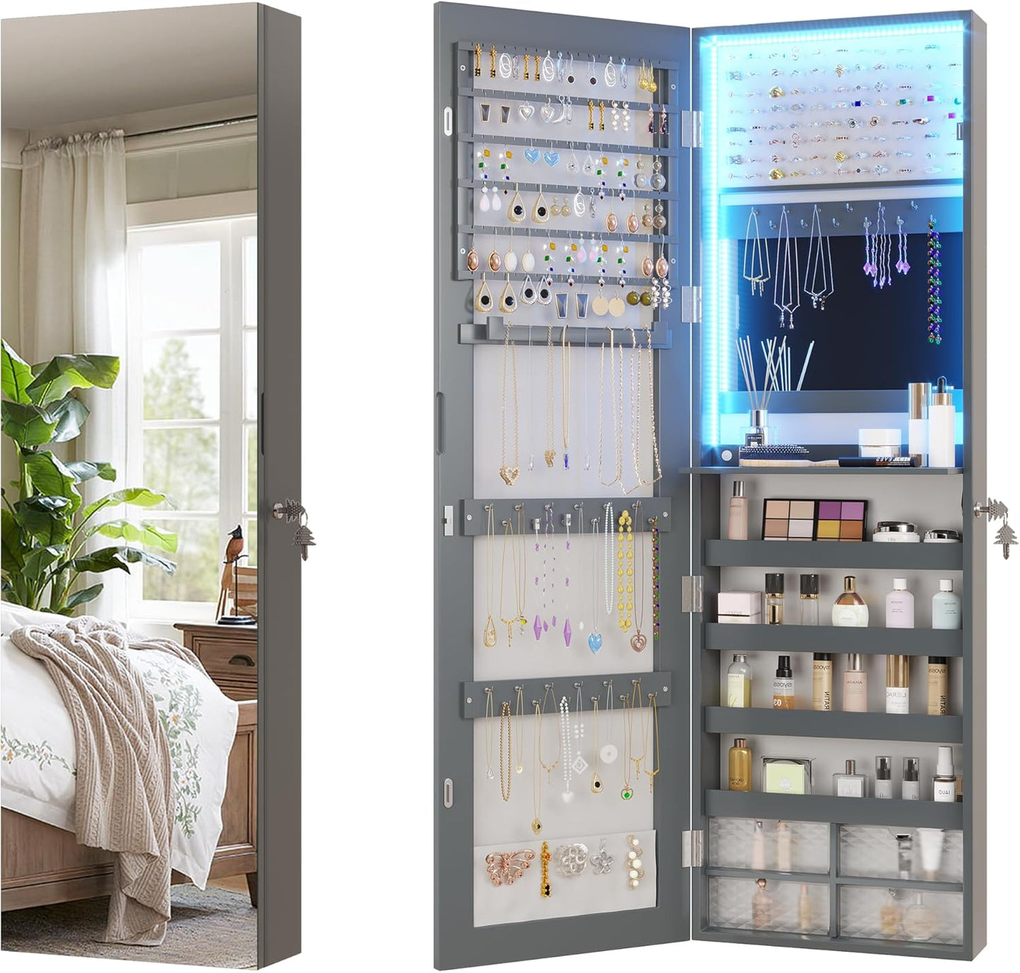 Vlsrka 47.2" LED Jewelry Mirror Cabinet, Wall/Door Mounted Jewelry Armoire Organizer with Full Length Mirror, Large Storage Hanging Cabinet, 4 Drawers, 5 Shelves, Built-in Lighted Mirror (White)