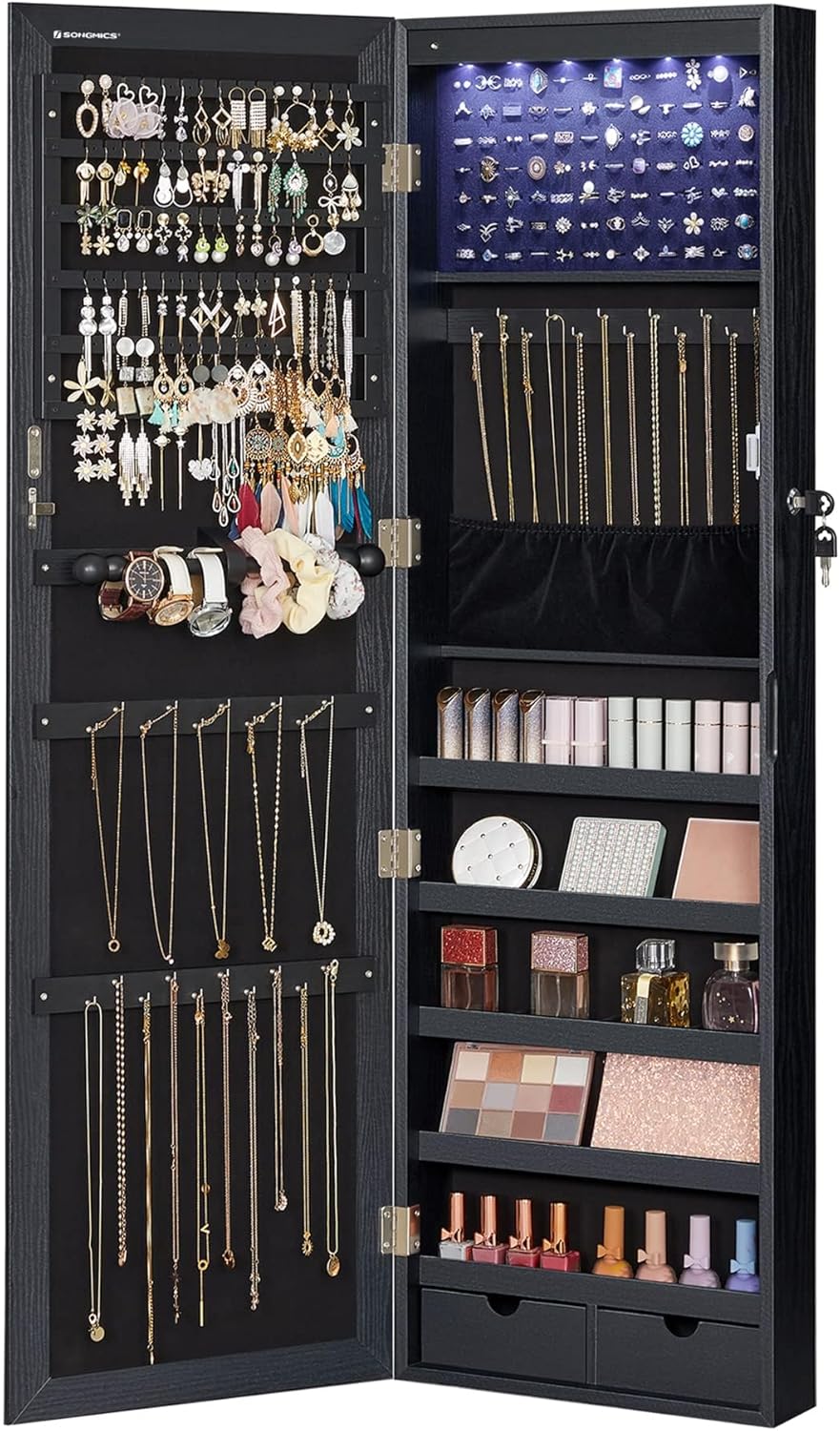 SONGMICS 6 LEDs Mirror Jewelry Cabinet, 47.2-Inch Tall Lockable Wall or Door Mounted Jewelry Armoire Organizer with Mirror, 2 Drawers, 3.9 x 14.6 x 47.2 Inches, White UJJC93W