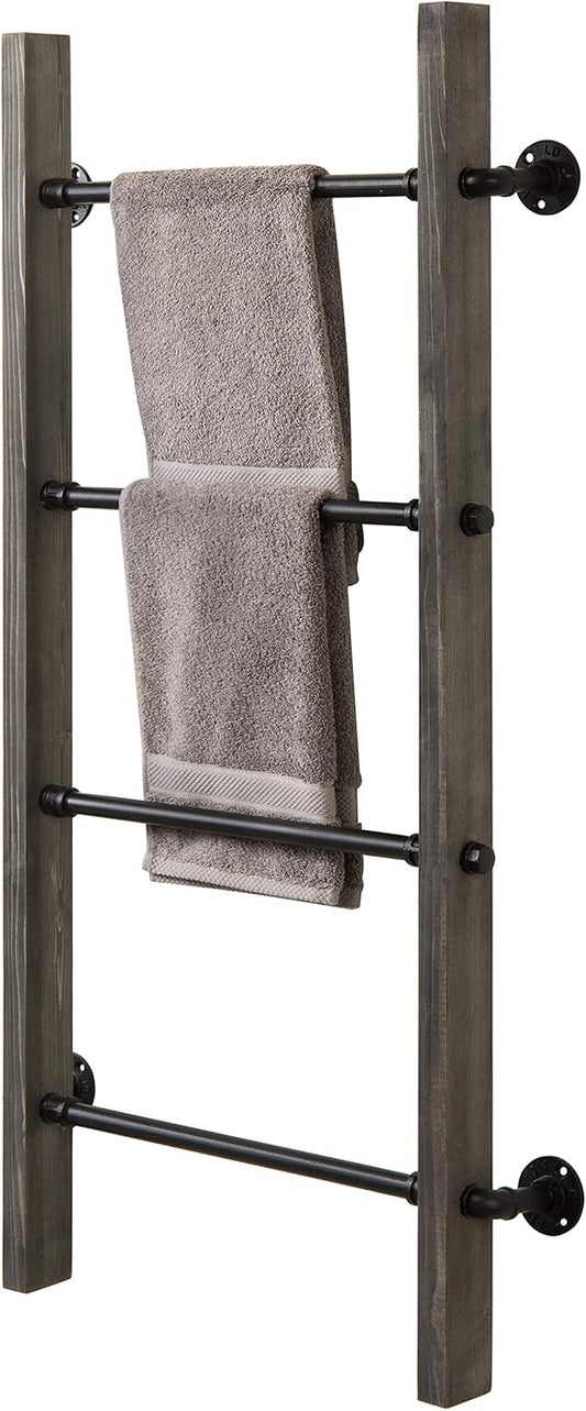 MyGift Wall Mounted Blanket Ladder Farmhouse Gray Wood and Industrial Metal Pipe Towel Hanging Rack