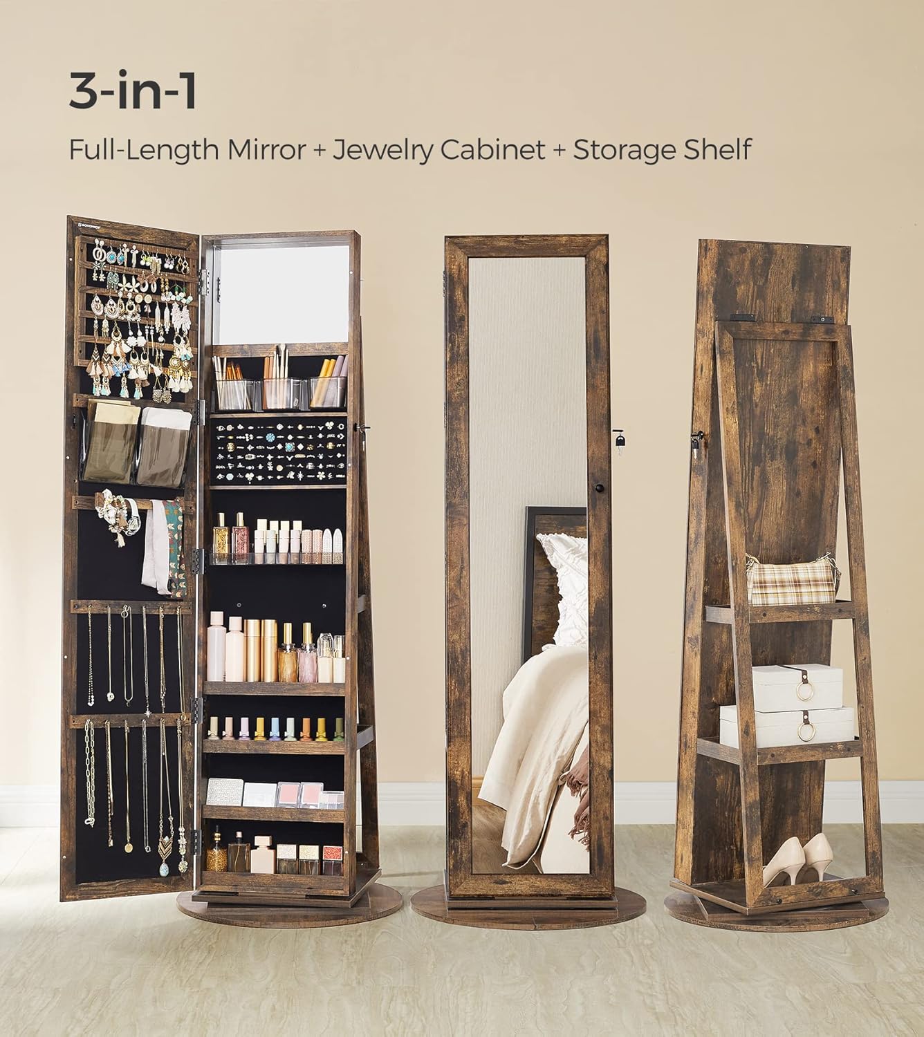 SONGMICS 360° Swivel Jewelry Cabinet, Lockable Jewelry Organizer with Full-Length Mirror, Rear Storage Shelves, Interior Mirror, Jewelry Armoire, Gift Idea, Rustic Brown UJJC006X01