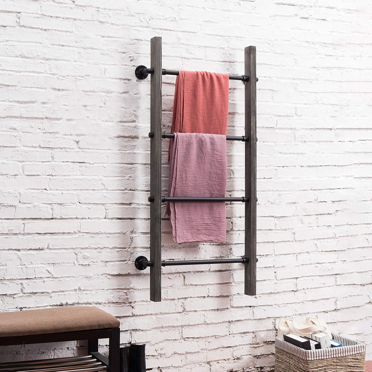 MyGift Wall Mounted Blanket Ladder Farmhouse Gray Wood and Industrial Metal Pipe Towel Hanging Rack