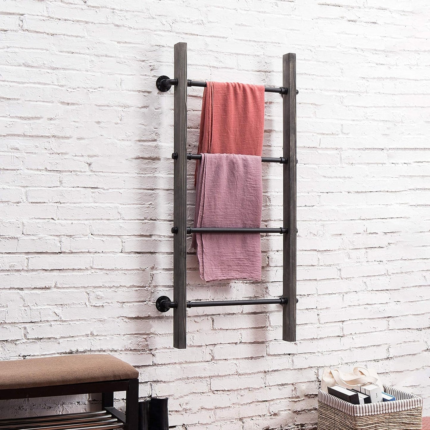 MyGift Wall-Leaning Rustic Gray with White Finish Wood Ladder-Style Blanket Rack Vintage Grey Wood & Industrial Metal Pipe Wall Mounted Ladder Rack, 46 Inch Towel Shelve